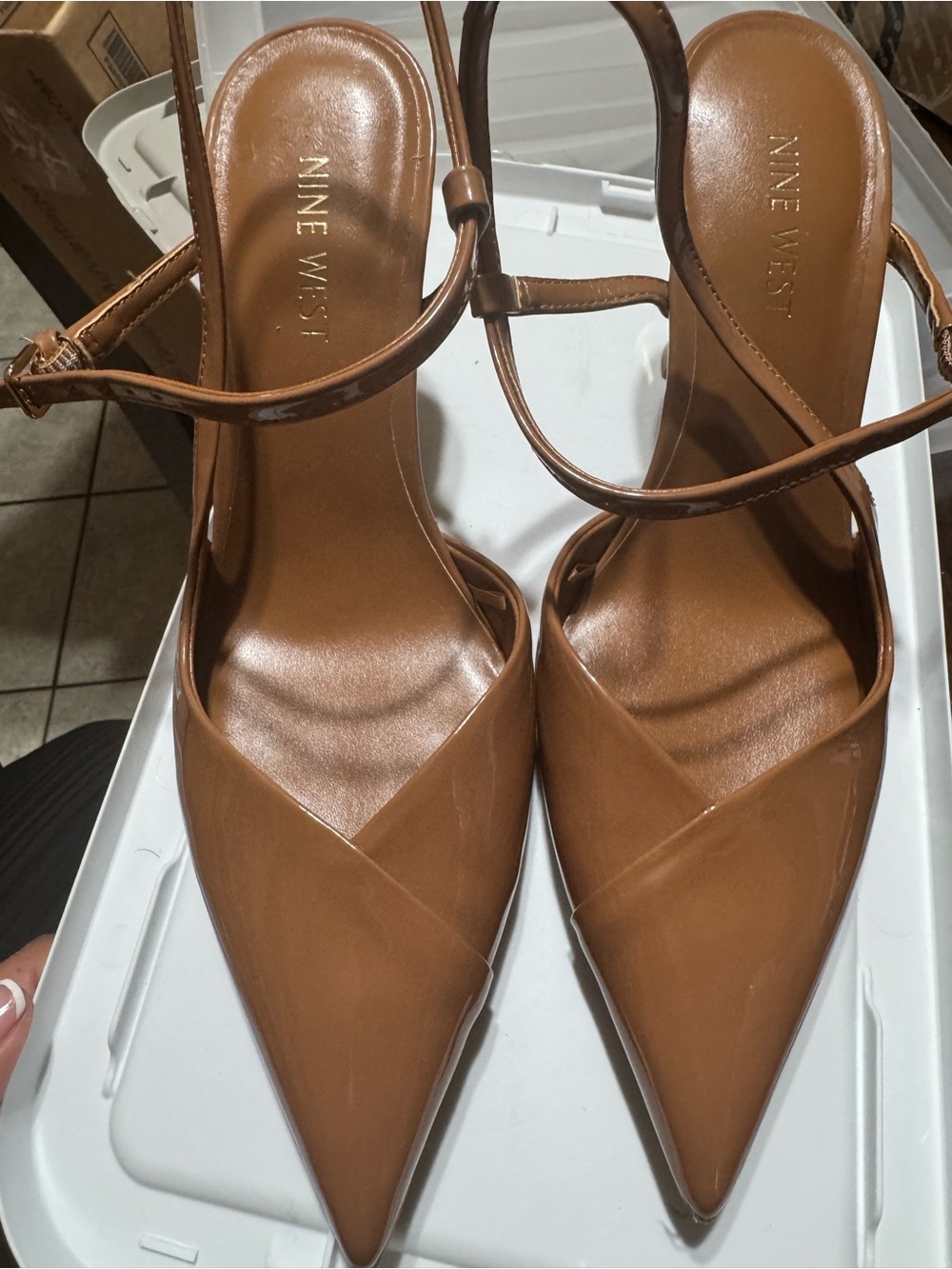 Nine West Tan Pointed Toe Ankle Strap Heels